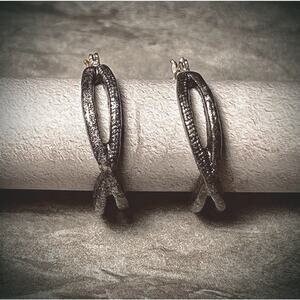 Vintage c1990 Elegant Black Glittery Double Banded Pierced Hoop Earrings